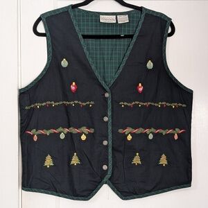 Vintage Holiday Vest L — Plaid Back, Embroidered Ornaments, Basic Editions